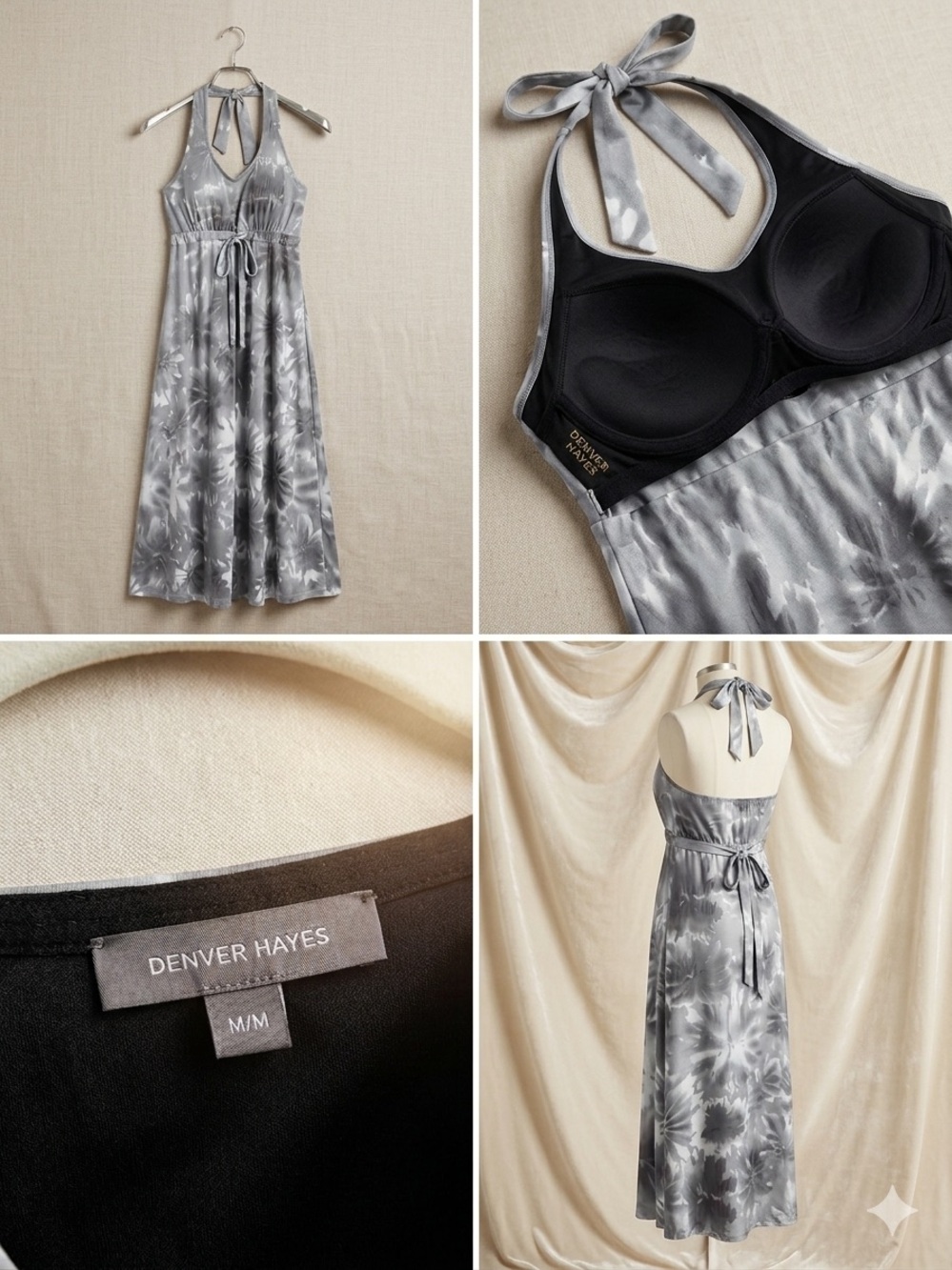 Denver Hayes Silver Gray Halter Maxi Slip Dress with Built-In Bra